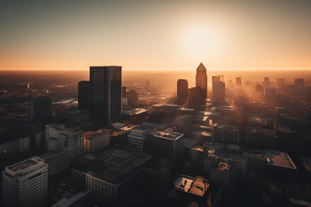 Cityscape at sunset with skyscrapers and sun. 3d renderingの素材