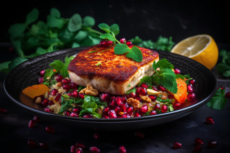 Fried fish fillet with pomegranate seeds, lemon and mint on a black background.の素材