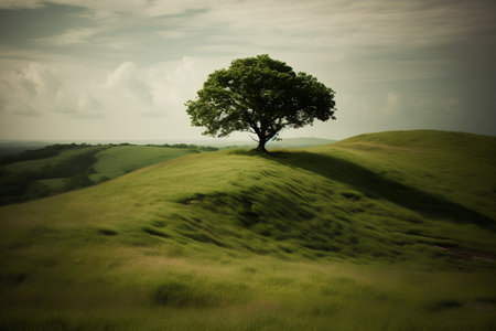 Lonely tree on the hill. Vintage style toned pictureの素材