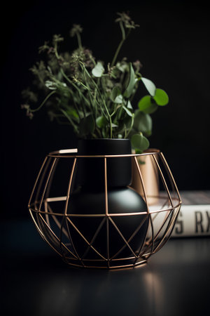 Still life with plant in vase and books on black background.の素材