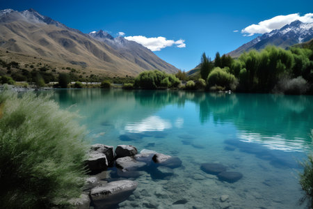 Natural landscape of New Zealand alps and lake with reflection in waterの素材