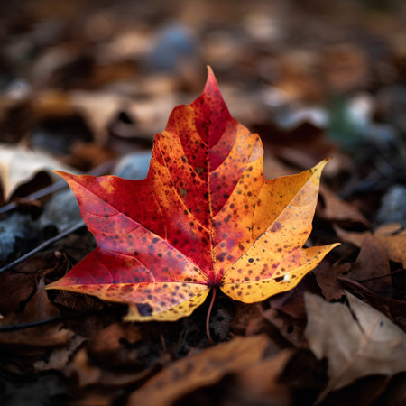 Autumn maple leaf on the ground in the forest. Selective focus.の素材