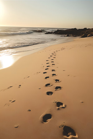 Footprints in the sand on the beach at sunset. Toned.の素材
