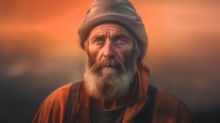 Portrait of an old man with a gray beard and mustache on a background of the setting sunの素材