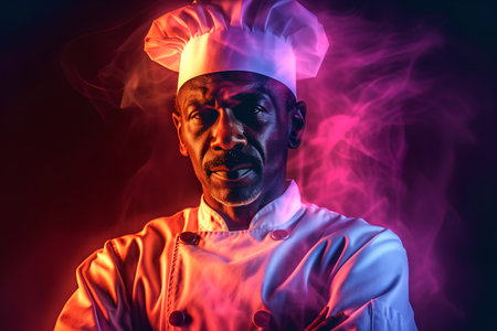 Portrait of a senior African-American male chef in a white uniform on a dark background.の素材