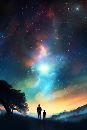 Silhouette of a man and a child against the background of the night skyの素材