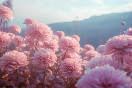 Beautiful pink chrysanthemum flowers in the garden at sunsetの素材
