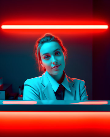 Portrait of a young woman at the bar counter in neon light.の素材