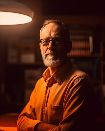Portrait of senior man in orange shirt and eyeglasses at nightの素材