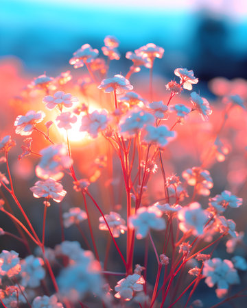 Beautiful flowers in the meadow at sunset. Nature background.の素材