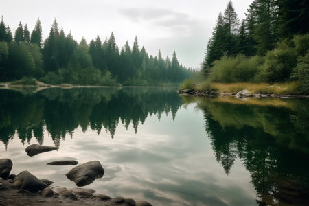 Beautiful lake in the mountains in a foggy day. HDR image