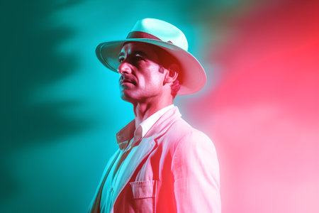 Young man in a hat on a colored background. Studio shot.の素材