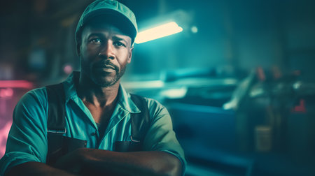 Portrait of confident African American male worker standing with crossed arms in garage.の素材