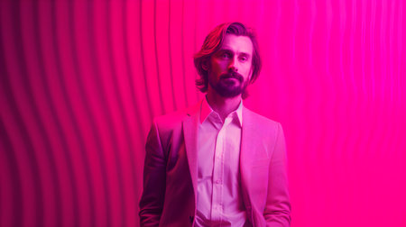 Handsome man in a pink suit on a pink background.の素材