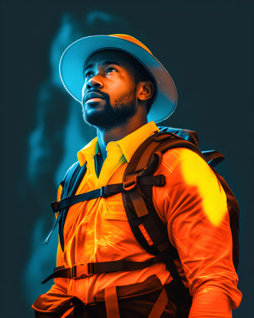 african american man in safety vest and hat looking away isolated on blackの素材