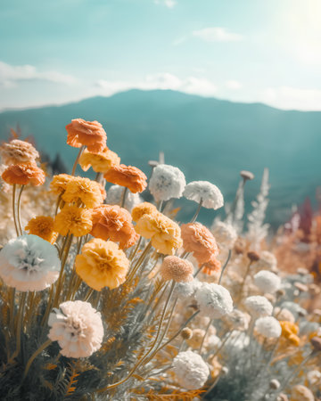 Meadow of yellow and orange flowers on the background of the mountains and blue skyの素材