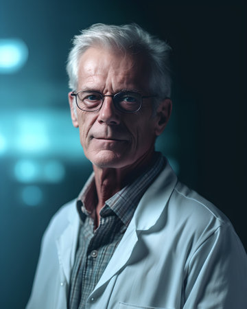 Portrait of senior doctor with stethoscope on dark background.の素材