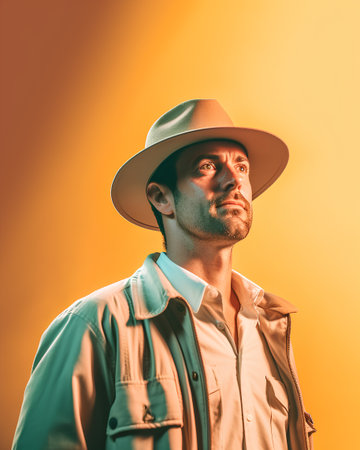 stylish man in hat and trench coat looking away on yellow backgroundの素材