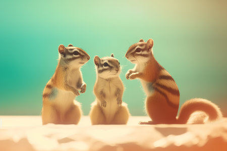 Three chipmunk on a green background. 3D illustration.の素材