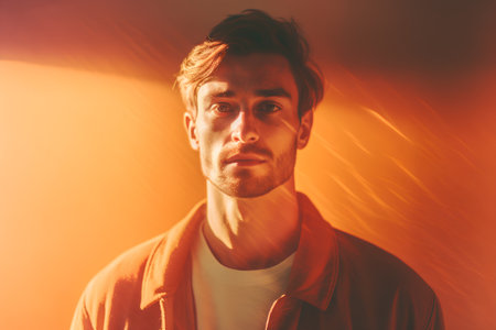 Portrait of a handsome young man looking at camera on orange backgroundの素材