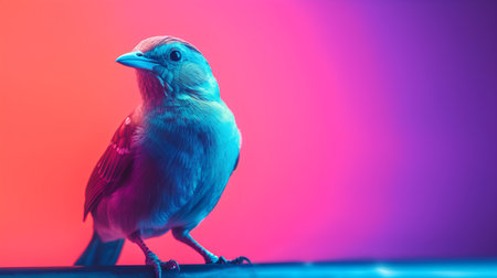 Beautiful blue bird isolated on purple background. Bird in neon light.の素材