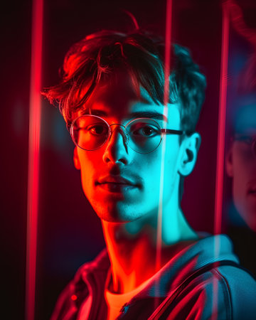 Portrait of a handsome young man in glasses on a dark background.の素材