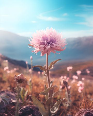 Pink chrysanthemum flower on the background of mountains and blue skyの素材