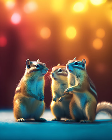 Two cute little chipmunk on the background of the night sky.の素材