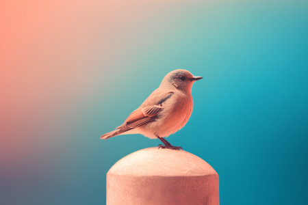 Cute little bird perched on the fence. Vintage style toned pictureの素材