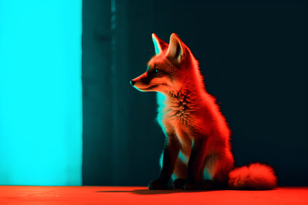 Red fox in neon light on a dark background. Studio shot.の素材