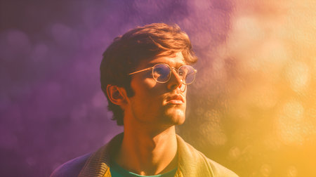 Portrait of a handsome young man in sunglasses on a colorful background.の素材