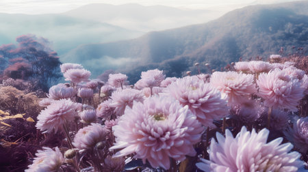 Pink chrysanthemum flowers on the background of the mountainsの素材