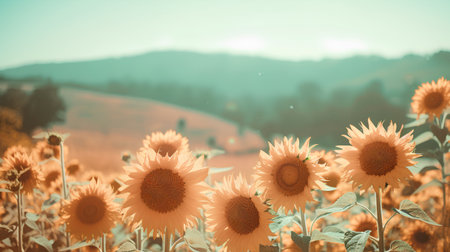 Beautiful sunflower field in the mountains. Filtered image processed vintage effect.の素材