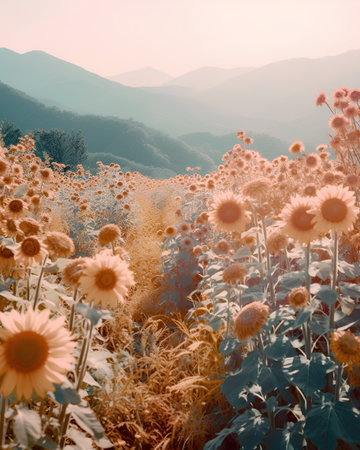 Sunflower field in the mountains at sunset. Beautiful summer landscape.の素材