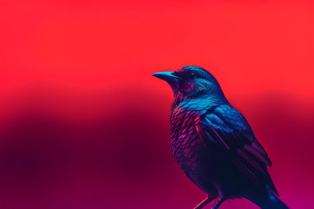 close up shot of a beautiful bird on the red background with copy spaceの素材