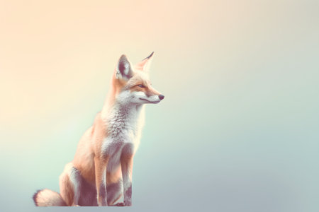 Red fox sitting on a white background. Photo in vintage style.の素材
