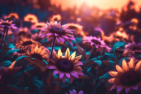 Sunflowers on the field at sunset. Colorful summer landscape.の素材
