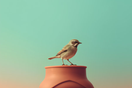 A little bird sits on a terracotta pot on a green background.の素材