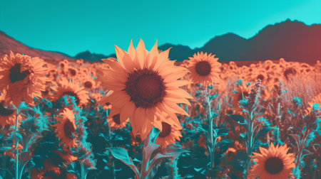 Sunflowers field at sunset in California, USA. Retro tonedの素材