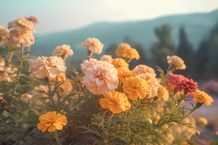 Marigold flower in the garden with vintage color tone, nature backgroundの素材