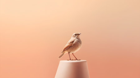 Cute bird sitting on pink vase on orange background with copy spaceの素材