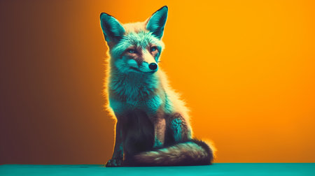 Cute fox sitting on orange background. Studio shot. Toned.の素材
