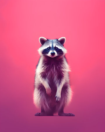 Portrait of a raccoon on a pink background. Funny animal.の素材