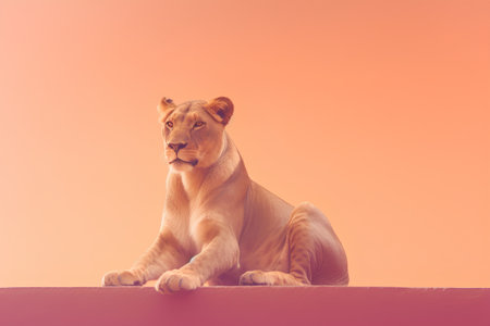Lioness sitting on the wall with orange background, vintage toneの素材