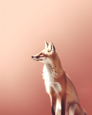 Portrait of a red fox on a pink background. Studio shot.の素材