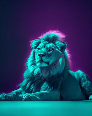 Portrait of a lion on a purple background. Studio shot.の素材