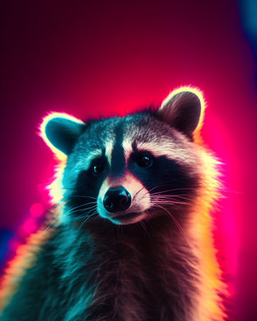 Portrait of a raccoon on a colored background in neon light.の素材
