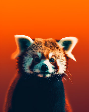 Portrait of red panda on orange background, close-upの素材