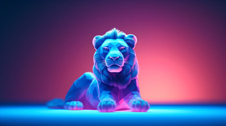 3d rendering of a lion in neon light on a purple backgroundの素材