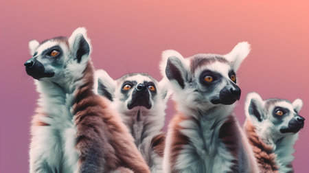 Group of ring-tailed lemurs, isolated on pink backgroundの素材